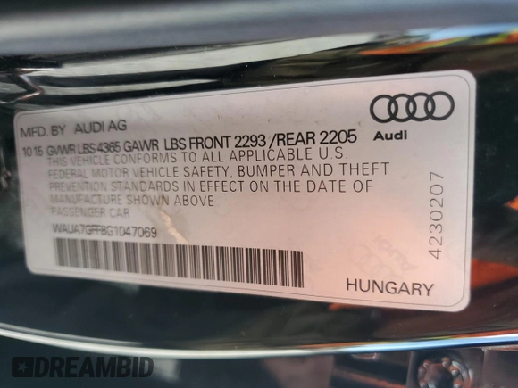 2016 Audi A3 1.8T Premium with VIN WAUA7GFF8G1047069, listed as a Copart auction lot 68031573 with 103,241 mi miles. Bid and sale history available at carsss.com. Image 14.