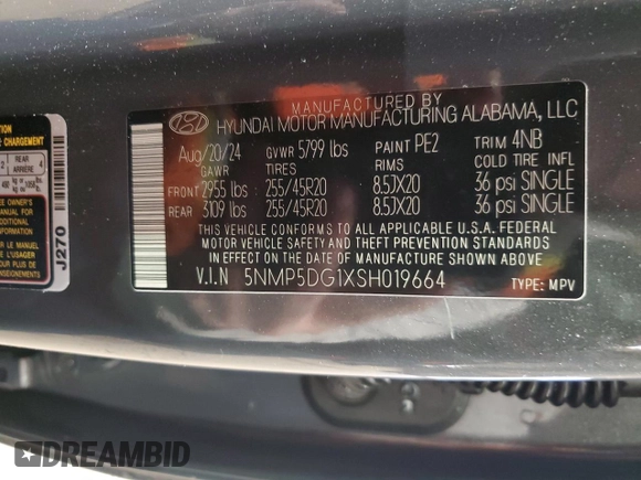 2025 Hyundai Santa Fe Calligraphy with VIN 5NMP5DG1XSH019664, listed as a Copart auction lot 51626265 with 4,955 mi miles and Salvage title. Bid and sale history available at DreamBid. Image 15.