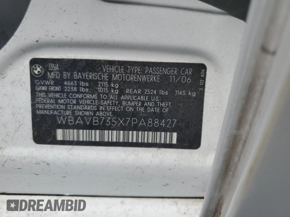 2007 BMW 3 Series 335i with VIN WBAVB735X7PA88427, listed as a Copart auction lot 44646455 with 149,611 mi miles and Salvage title. Bid and sale history available at DreamBid. Image 13.