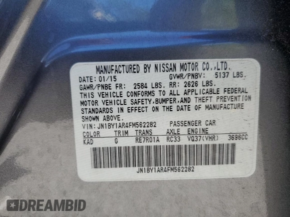 2015 Infiniti Q70 z VIN JN1BY1AR4FM562282, wystawiony jako Copart lot #48322155 z przebiegiem 98 645 mil mil oraz Szkoda całkowita • Salvage title. Historia ofert i sprzedaży dostępna na DreamBid. Obrazek 12.
