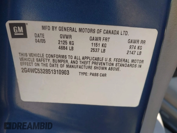 2005 Buick LaCrosse CX с VIN 2G4WC532851310903, выставлен на аукционе IAAI как лот 40693270 с пробегом 91 901 миль миль и . История ставок и продаж доступна на DreamBid. Изображение 9.