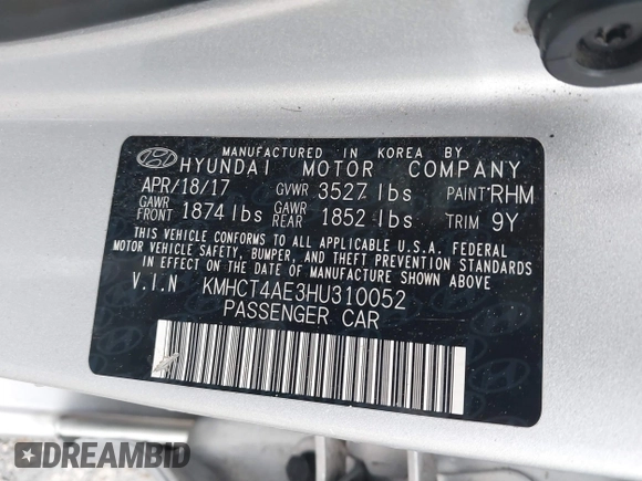 2017 Hyundai Accent SE with VIN KMHCT4AE3HU310052, listed as a IAAI auction lot 41546087 with 129,732 mi miles. Bid and sale history available at carsss.com. Image 9.