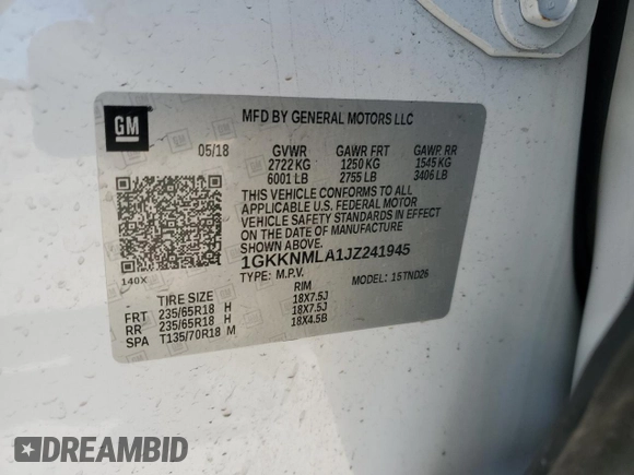 2018 GMC Acadia SLT with VIN 1GKKNMLA1JZ241945, listed as a Copart auction lot 88125965 with 126,926 mi miles and Salvage Title. Bid and sale history available at DreamBid. Image 13.
