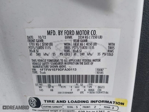 2013 Ford F-150 XL with VIN 1FTFW1EF9DFA30113, listed as a IAAI auction lot 41464603 with 159,241 mi miles. Bid and sale history available at carsss.com. Image 9.