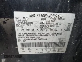 2013 Ford Explorer с VIN 1FM5K8B89DGB55589, выставлен на аукционе IAAI как лот 41858128 с пробегом 191 064 миль миль и . История ставок и продаж доступна на DreamBid. Изображение 9.