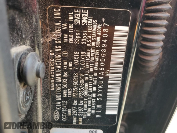 2013 Kia Sorento EX with VIN 5XYKU4A60DG394087, listed as a Copart auction lot 60324665 with 130,736 mi miles and Salvage title. Bid and sale history available at DreamBid. Image 13.