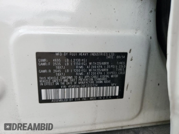 2015 Subaru Outback Limited with VIN 4S4BSALC6F3222124, listed as a Copart auction lot 49605605 with 99,005 mi miles and Salvage Title. Bid and sale history available at DreamBid. Image 15.