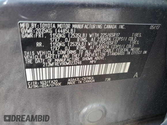 2013 Toyota RAV4 XLE with VIN 2T3WFREV9DW023246, listed as a Copart auction lot 64503515 with 169,562 mi miles and Salvage title. Bid and sale history available at DreamBid. Image 13.