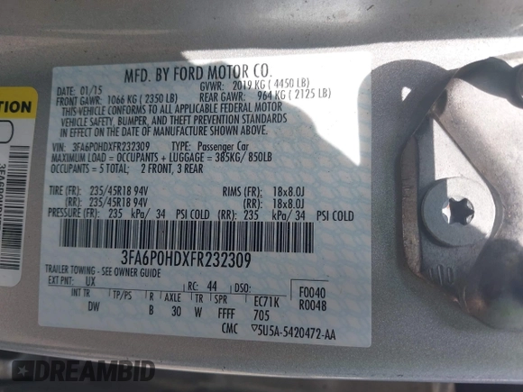 2015 Ford Fusion SE with VIN 3FA6P0HDXFR232309, listed as a IAAI auction lot 42680470 with 176,516 mi miles and . Bid and sale history available at DreamBid. Image 9.
