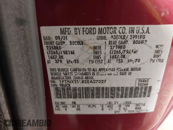 2002 Ford Super Duty F-250 XL with VIN 1FTNX21L82EA87027, listed as a IAAI auction lot 41893004 with 214,580 mi miles. Bid and sale history available at carsss.com. Image 9.