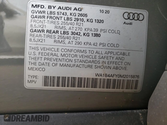 2021 Audi SQ5 Premium Plus with VIN WA1B4AFY0M2015876, listed as a Copart auction lot 63838424 with 50,639 mi miles and Salvage Title. Bid and sale history available at DreamBid. Image 12.