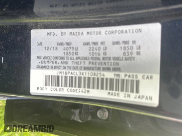 2019 Mazda 3 w/Select Pkg with VIN JM1BPACL3K1108254, listed as a Copart auction lot 54613625 with 162,610 mi miles and Clean Title. Bid and sale history available at carsss.com. Image 10.