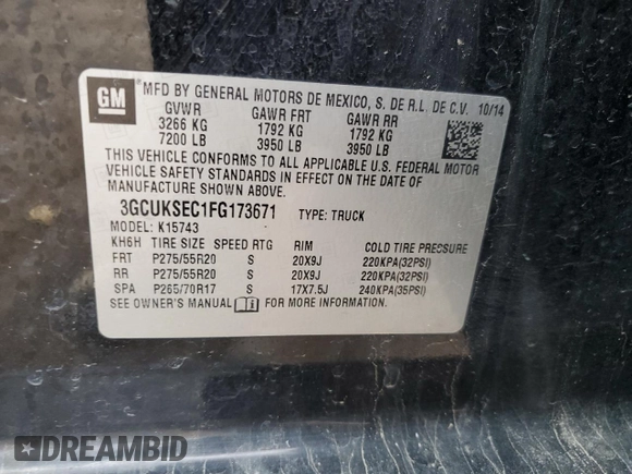 2015 Chevrolet Silverado 1500 LTZ with VIN 3GCUKSEC1FG173671, listed as a Copart auction lot 54342155 with 278,179 mi miles and Salvage Title. Bid and sale history available at DreamBid. Image 12.