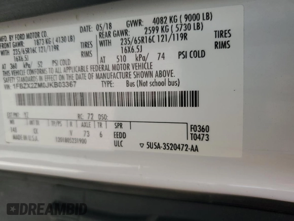 2018 Ford Transit Passenger XL with VIN 1FBZX2ZM0JKB03367, listed as a Copart auction lot 73154704 with 157,617 mi miles and Salvage Title. Bid and sale history available at DreamBid. Image 14.