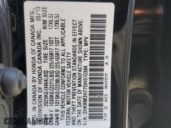 2013 Honda CR-V EX-L with VIN 2HKRM3H77DH510384, listed as a Copart auction lot 54812945 with 139,174 mi miles and Salvage Title. Bid and sale history available at DreamBid. Image 13.