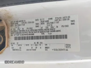 2017 Ford F-150 XL с VIN 1FTMF1C83HKE40088, выставлен на аукционе IAAI как лот 42459712 с пробегом 66 774 миль миль и . История ставок и продаж доступна на DreamBid. Изображение 8.