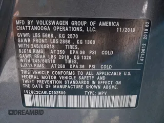 2020 Volkswagen Atlas S with VIN 1V2GC2CA6LC202509, listed as a IAAI auction lot 42388541 with 57,388 mi miles and . Bid and sale history available at DreamBid. Image 9.