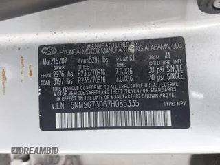 2007 Hyundai Santa Fe GLS с VIN 5NMSG73D67H085335, выставлен на аукционе IAAI как лот 42283118 с пробегом 200 133 миль миль и . История ставок и продаж доступна на DreamBid. Изображение 9.