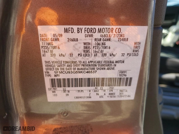2009 Ford Escape XLT with VIN 1FMCU93G59KC46537, listed as a Copart auction lot 48153125 with 161,152 mi miles and Salvage Title. Bid and sale history available at carsss.com. Image 13.