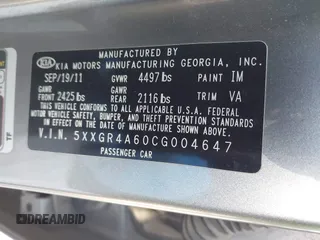 2012 Kia Optima SX with VIN 5XXGR4A60CG004647, listed as a IAAI auction lot 41893616 with 176,713 mi miles and . Bid and sale history available at carsss.com. Image 9.