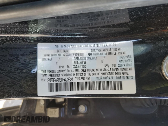 2024 Mazda 3 S with VIN 3MZBPAAM3RM423321, listed as a Copart auction lot 88738705 with 6,889 mi miles and Salvage Title. Bid and sale history available at DreamBid. Image 12.