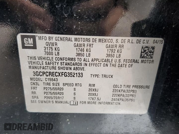 2015 Chevrolet Silverado 1500 LT with VIN 3GCPCRECXFG352133, listed as a Copart auction lot 51259915 with 209,751 mi miles and Clean Title. Bid and sale history available at DreamBid. Image 12.