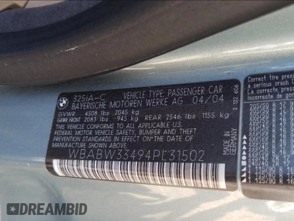 2004 BMW 3 Series 325Ci with VIN WBABW33494PL31502, listed as a Copart auction lot 63704625 with 121,077 mi miles and Clean title. Bid and sale history available at DreamBid. Image 9.