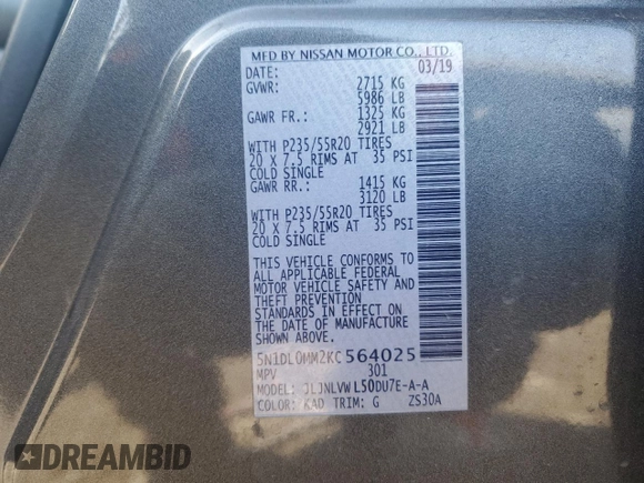 2019 Infiniti QX60 Luxe with VIN 5N1DL0MM2KC564025, listed as a Copart auction lot 50594535 with 85,493 mi miles and Salvage title. Bid and sale history available at DreamBid. Image 16.