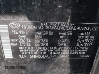 2023 Hyundai Santa Fe SEL with VIN 5NMS3DAJ7PH524867, listed as a IAAI auction lot 41993126 with 39,478 mi miles and . Bid and sale history available at DreamBid. Image 9.