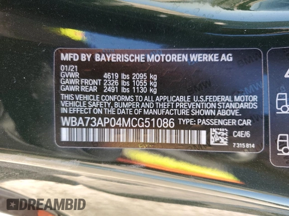 2021 BMW 4 Series 430i xDrive with VIN WBA73AP04MCG51086, listed as a Copart auction lot 48615345 with 36,513 mi miles and Salvage Title. Bid and sale history available at carsss.com. Image 14.