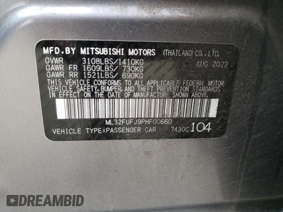 2023 Mitsubishi Mirage G4 ES with VIN ML32FUFJ9PHF00660, listed as a Copart auction lot 43284953 with 12,630 mi miles. Bid and sale history available at carsss.com. Image 15.