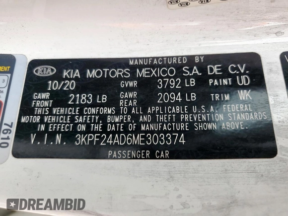 2021 Kia Forte LXS with VIN 3KPF24AD6ME303374, listed as a Copart auction lot 57673425 with 41,694 mi miles and Salvage title. Bid and sale history available at DreamBid. Image 12.