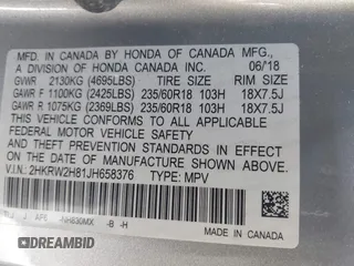2018 Honda CR-V EX-L with VIN 2HKRW2H81JH658376, listed as a IAAI auction lot 41623188 with 89,603 mi miles. Bid and sale history available at carsss.com. Image 9.