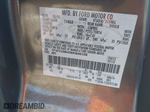 2006 Ford Escape Hybrid with VIN 1FMYU96H56KB49358, listed as a IAAI auction lot 41600419 with 161,661 mi miles and . Bid and sale history available at DreamBid. Image 9.
