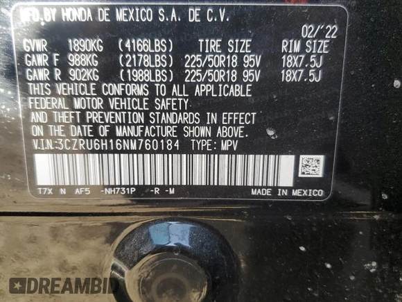 2022 Honda HR-V Sport with VIN 3CZRU6H16NM760184, listed as a Copart auction lot 85917444 with Not Provided miles and Salvage Title. Bid and sale history available at carsss.com. Image 15.