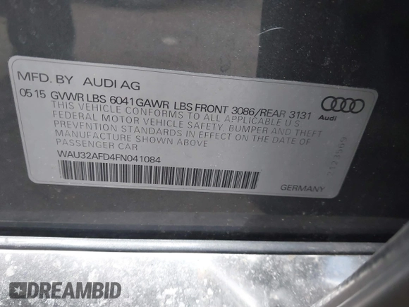 2015 Audi A8 L 4.0T with VIN WAU32AFD4FN041084, listed as a IAAI auction lot 41450453 with 86,199 mi miles. Bid and sale history available at carsss.com. Image 9.