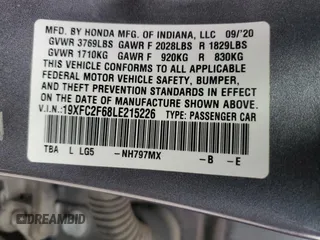 2020 Honda Civic Sedan LX with VIN 19XFC2F68LE215226, listed as a Copart auction lot 50293485 with 57,763 mi miles and Salvage Title. Bid and sale history available at carsss.com. Image 12.