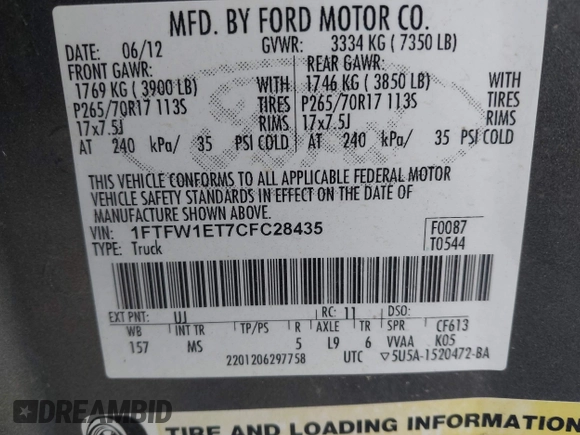 2012 Ford F-150 XL with VIN 1FTFW1ET7CFC28435, listed as a IAAI auction lot 41972527 with 114,319 mi miles. Bid and sale history available at carsss.com. Image 9.