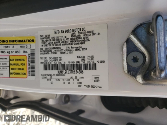 2015 Lincoln MKZ Hybrid with VIN 3LN6L2LUXFR624386, listed as a Copart auction lot 52366325 with 126,405 mi miles and Salvage title. Bid and sale history available at DreamBid. Image 12.