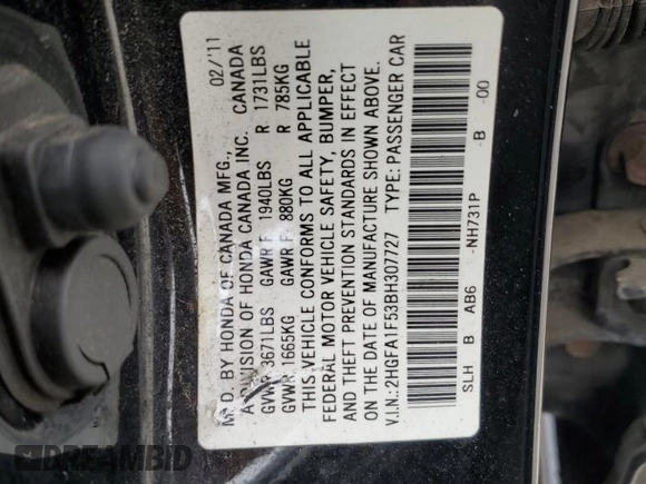2011 Honda Civic LX with VIN 2HGFA1F53BH307727, listed as a Copart auction lot 57440754 with 153,689 mi miles and Salvage Title. Bid and sale history available at DreamBid. Image 12.