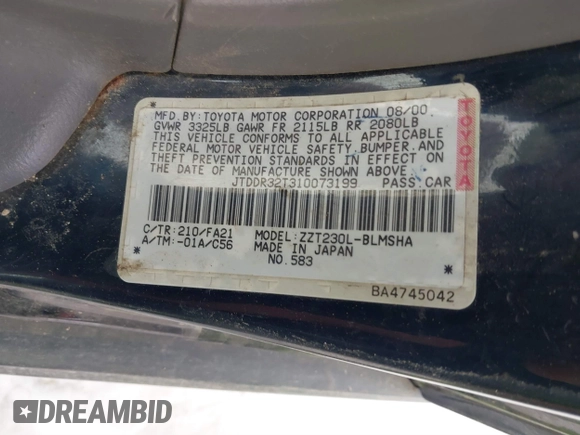 2001 Toyota Celica GT with VIN JTDDR32T310073199, listed as a IAAI auction lot 41262183 with 174,004 mi miles and . Bid and sale history available at DreamBid. Image 9.