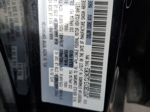 2018 Mazda CX-9 Touring with VIN JM3TCBCY3J0234353, listed as a Copart auction lot 56594215 with 92,174 mi miles and Salvage title. Bid and sale history available at DreamBid. Image 13.