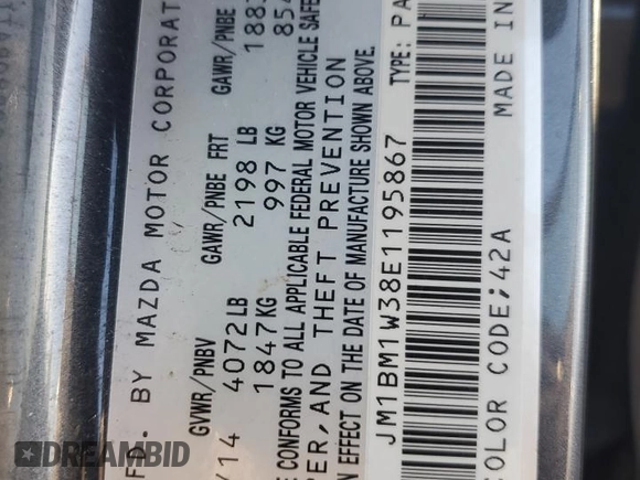 2014 Mazda 3 S Grand Touring with VIN JM1BM1W38E1195867, listed as a Copart auction lot 41918475 with 49,100 mi miles and Salvage Title. Bid and sale history available at DreamBid. Image 14.