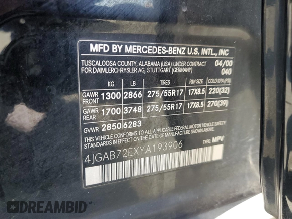 2000 Mercedes-Benz M 320/430/500 with VIN 4JGAB72EXYA193906, listed as a Copart auction lot 62025125 with 142,808 mi miles and Salvage title. Bid and sale history available at DreamBid. Image 13.