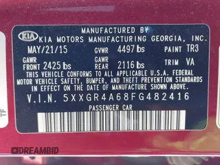 2015 Kia Optima SX Turbo with VIN 5XXGR4A68FG482416, listed as a IAAI auction lot 41547023 with 81,067 mi miles. Bid and sale history available at carsss.com. Image 9.