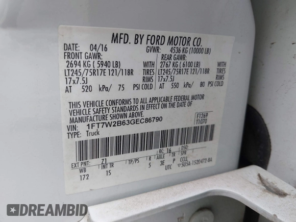 2016 Ford F-250 Lariat with VIN 1FT7W2B63GEC86790, listed as a IAAI auction lot 41917887 with 112,179 mi miles and . Bid and sale history available at DreamBid. Image 9.