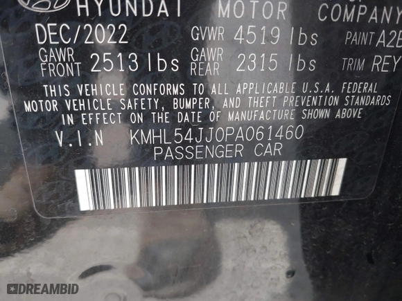 2023 Hyundai Sonata Hybrid Limited with VIN KMHL54JJ0PA061460, listed as a IAAI auction lot 42081519 with 54,624 mi miles. Bid and sale history available at carsss.com. Image 9.