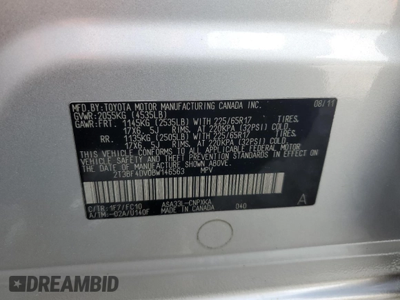 2011 Toyota RAV4 with VIN 2T3BF4DV0BW146563, listed as a Copart auction lot 55503495 with 198,093 mi miles and Salvage Title. Bid and sale history available at DreamBid. Image 14.