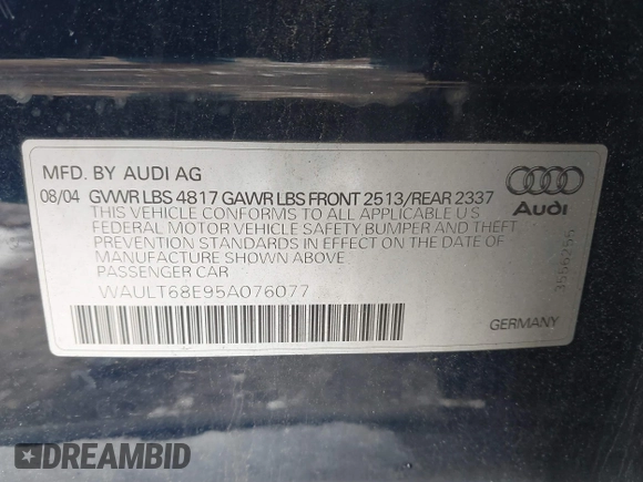 2005 Audi A4 3.0L с VIN WAULT68E95A076077, выставлен на аукционе IAAI как лот 41380217 с пробегом 54 423 миль миль и . История ставок и продаж доступна на DreamBid. Изображение 9.