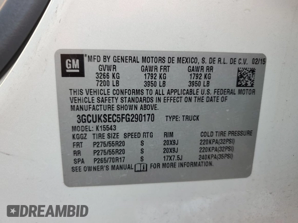2015 Chevrolet Silverado 1500 LTZ with VIN 3GCUKSEC5FG290170, listed as a Copart auction lot 83187064 with 273,260 mi miles and Clean Title. Bid and sale history available at carsss.com. Image 12.